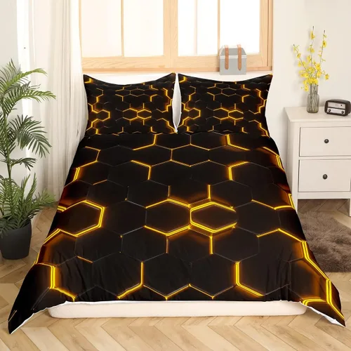 Vista 30 de Funda de edredón de panal para niños, hombres y niñas, juego de ropa de cama moderno con temática geométrica hexagonal, diseño de cuadrícula
