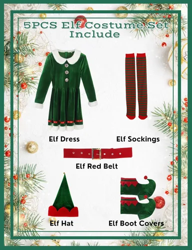 Vista 5 de Wabolay Disfraz de elfo para mujer, vestido de Navidad para adultos, 5 piezas, lindo traje de Navidad de elfos de Santa con sombrero, zapatos