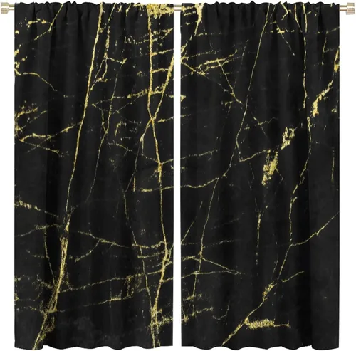 Vista 10 de Cortinas abstractas de mármol de lujo de lujo azul marino dorado a rayas con patrón de mármol estampado para dormitorio, sala de estar, cortinas