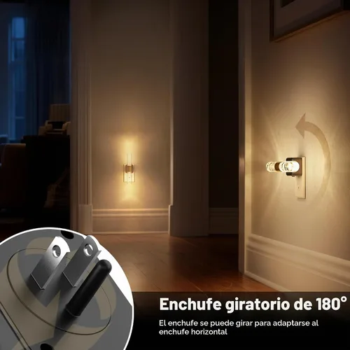 Vista 4 de DORESshop Luz nocturna LED, luces nocturnas giratorias enchufables a la pared, sensor de luz nocturna regulable automático, luz suave de 3000 K, luz