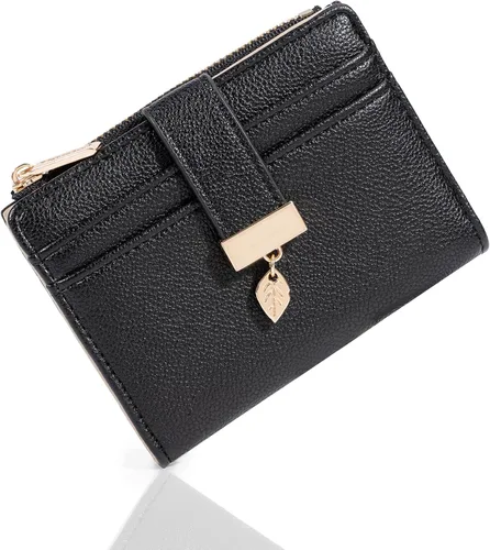 Vista 6 de Billetera pequeña para mujer, plegable, de piel suave, tarjetero con ventana de identificación, con cremallera, bolsillo para monedas, carteras