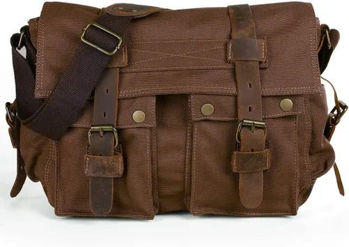 Vista 11 de morral de cuero y lona para computadora portátil + morral de lona para cámara Dslr Slr, Verde ejército), 3323830