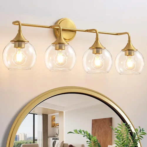 Vista 14 de Lámpara de Tocador de Baño Dorada con Pantalla de Vidrio Transparente, Base E26, Luminarias de Baño de 2 Luces Sobre Espejo, Luces de Tocador de 14