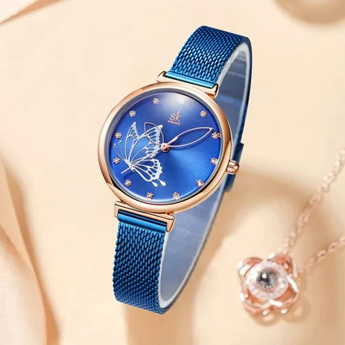 Vista 3 de SHENGKE Relojes simples analógicos de malla para mujer, correa de acero inoxidable, regalo para aniversario