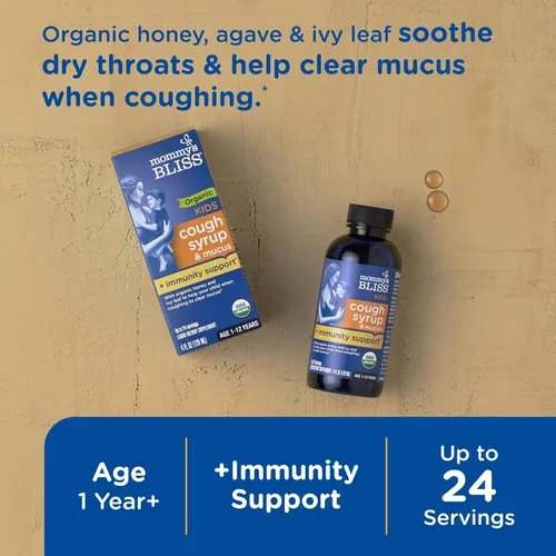 Vista 2 de Mommy's Bliss Jarabe orgánico para la tos y alivio de moco para niños + apoyo inmunológico, agave y miel, hoja de hiedra, saúco, zinc, vitamina C, 4