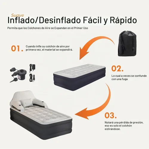 Vista 5 de Colchón de aire tamaño individual con cabecera ajustable y bomba, colchón inflable de la cama inflable