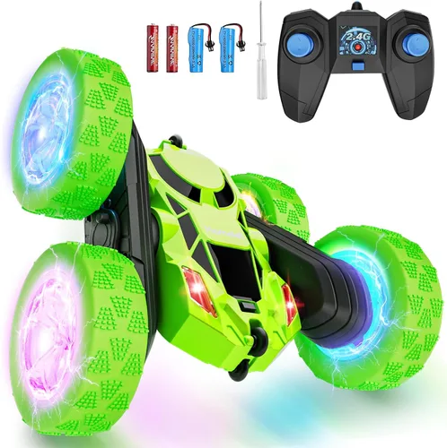 Vista 15 de Hamdol Auto de control remoto para niños, auto de acrobacias RC giratorio de 360°, vehículo eléctrico 4WD de doble cara con luces LED, autos de Azul