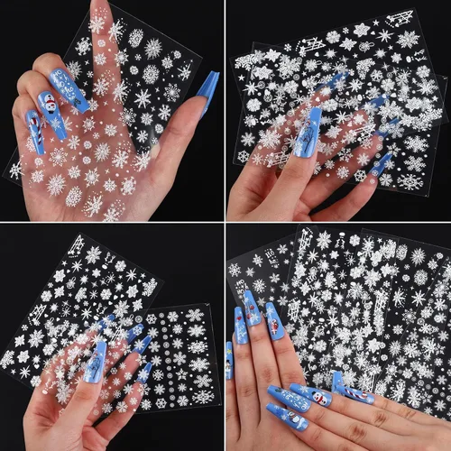 Vista 4 de Calcomanías de uñas de copos de nieve, 4 hojas 5D en relieve de Navidad, calcomanías de uñas de copo de nieve con purpurina blanca, calcomanías