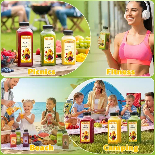 Vista 4 de 42 botellas de jugo de plástico con tapas a prueba de manipulaciones 16oz 16/12/8oz