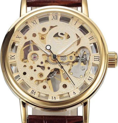 Vista 3 de SEWOR Reloj de pulsera de cuero de estilo vintage transparente con esqueleto mecánico para hombre