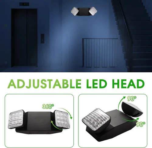Vista 3 de Luz de emergencia LED negra, luz de emergencia, rectangular, ajustable, doble cabeza, certificado UL, grado comercial, resistente al fuego