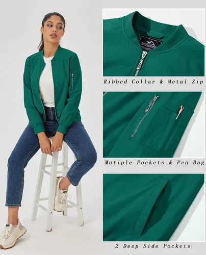 Vista 4 de MAGCOMSEN Chaquetas bomber para mujer, chaqueta casual con cremallera y 3 bolsillos, abrigo de primavera