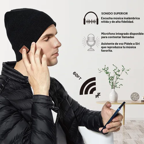 Vista 4 de BORAYDA Merino Wool Bluetooth Beanie, HD Stereo,30 Hours Play Time,Built-in Microphone, Men's/Women's Christmas Electronic Gift (Black)