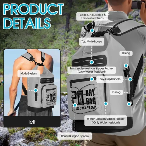 Vista 37 de MORXPLOR Bolsa seca impermeable, 5L/10L/20L/30L/40L/55L Mochila seca con funda impermeable para teléfono para natación, kayak