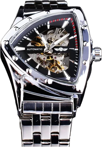 Vista 13 de FORSINING Triangle Skeleton Reloj mecánico automático para hombre, de lujo, dorado, negro, acero inoxidable, impermeable, luminoso, reloj de pulsera