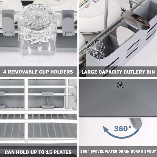 Vista 3 de Escurridor de platos con tabla de drenaje giratoria de 360° y boquilla de drenaje, escurridor de platos de aluminio inoxidable de 2 niveles