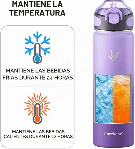 Vista 3 de Enerbone Botella de agua aislada de 24 onzas, 2 tapas de 24 onzas (con pajilla / sin pajilla), frasco de doble pared de acero inoxidable