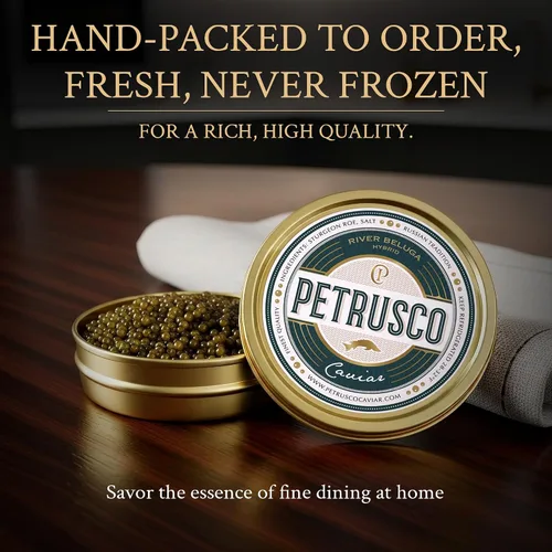 Vista 2 de PETRUSCO River Beluga Hybrid - Caviar negro de alta calidad - Huevas de pescado de esturión gourmet frescas en una lata de metal sellada, 30 g