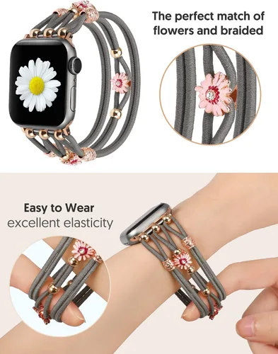 Vista 2 de TOYOUTHS - Pulsera floral compatible con Apple Watch de 1.65/1.61/1.57/1.49 pulgadas para mujer, correa de nylon elástica y trenzada con cuentas Gris