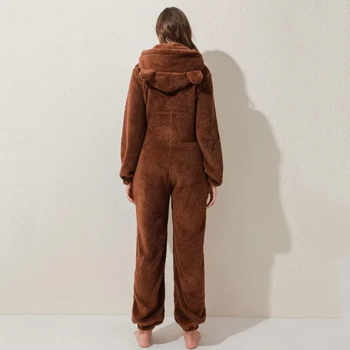 Vista 11 de Pijama de forro polar para mujer, mameluco cálido de sherpa, ropa de dormir de una pieza con cremallera y capucha