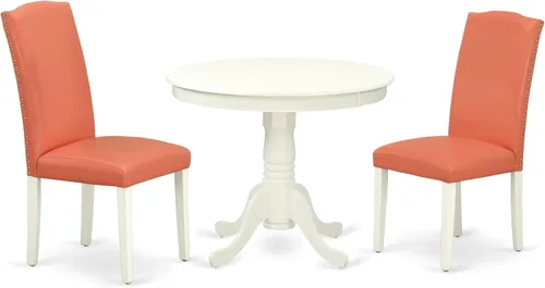 Vista 24 de East West Furniture ANEN3-LWH-06 - Juego de mesa de cocina de 3 piezas contiene una mesa de comedor redonda con pedestal y 2 sillas de comedor