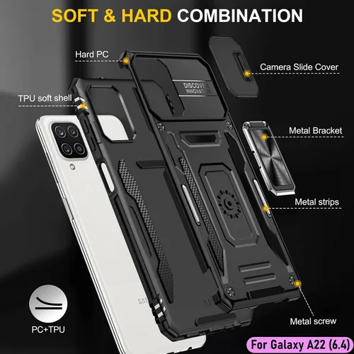 Vista 3 de Funda resistente para Samsung Galaxy A22 (4G), protector híbrido de goma de doble capa de grado militar con protector de cámara deslizante, soporte