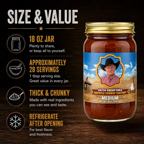 Vista 6 de Kent Rollins Cowboy Chutney – Dulce & Picante Chile verde y Chipotle Topping – Perfecto para hamburguesas, queso crema, tacos y parrilla – 18 onzas