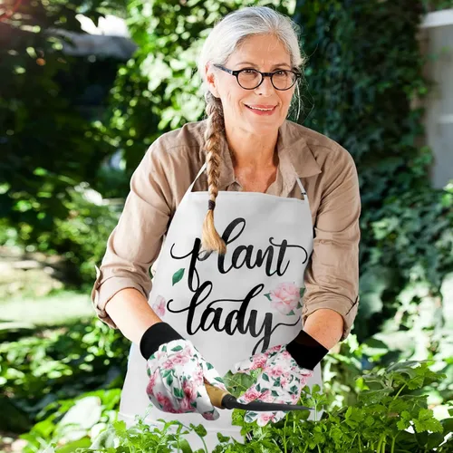 Vista 6 de Percozzi Plant Lady - Herramienta de jardinería para mamá, kit de herramientas de jardinería, sombrero de paja, delantal floral, guante para su