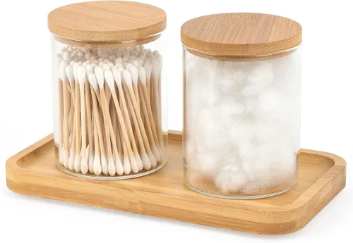 Vista 12 de BKYFPQ Juego de 2 dispensadores de vidrio para Qtip - Tarros de boticario con tapas, organizador de maquillaje de tocador y organizador