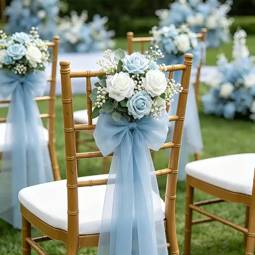 Vista 5 de Flores artificiales, 25 piezas, rosa artificial azul bebé para ramos de boda, centros de mesa, arreglos, flor falsa con tallos para decoración