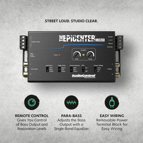 Vista 3 de AudioControl El procesador de restauración de micro graves EPICENTER y convertidor de salida de línea, amplificador de graves compacto de audio