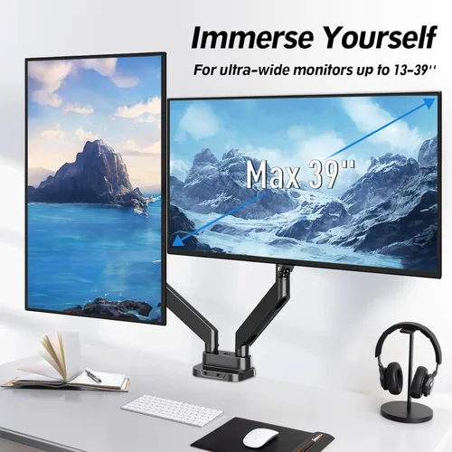 Vista 2 de MOUNTUP Soporte de monitor doble para pantalla de máximo 39 pulgadas, soporte de escritorio ultra ancho para monitor dual con capacidad de 4.4 a 33