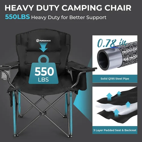 Vista 3 de FUNDANGO Silla de campamento de gran tamaño para adultos, silla de césped plegable portátil de servicio pesado con asiento y respaldo acolchados