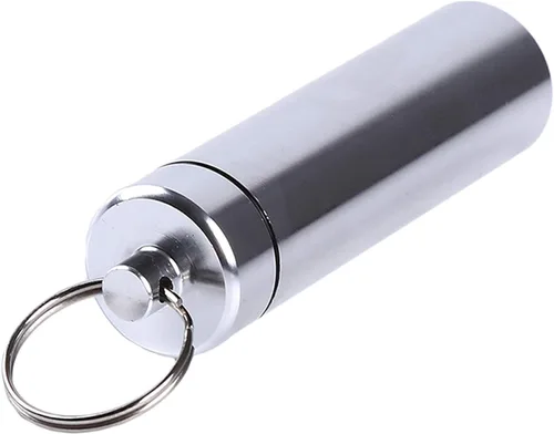 Vista 7 de Llavero pequeño de plata portátil, organizador de píldoras de aleación de aluminio, contenedor para bolso, pastillero de metal impermeable, botella