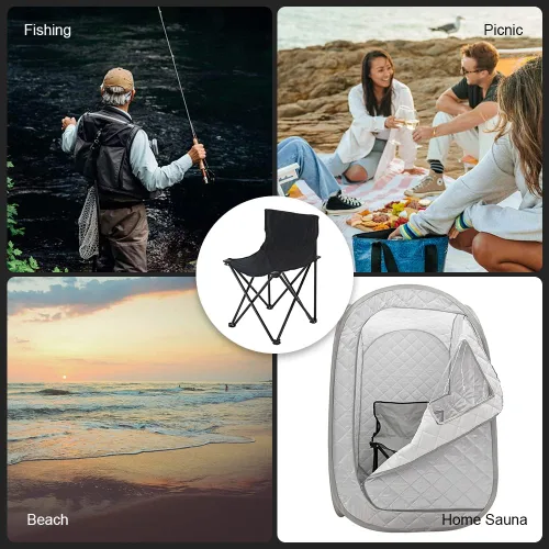 Vista 6 de Smartmak Silla de sauna plegable rápida, reforzada, adecuada para sauna, playa y picnic, color negro