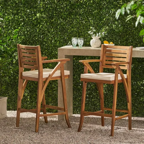 Vista 2 de Christopher Knight Home Hermosa Taburetes de bar de madera de acacia para exteriores, juego de 2 piezas, acabado de teca
