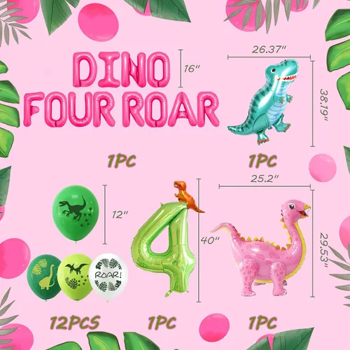 Vista 2 de LaVenty Globos de rugido de dinosaurio Rex para decoración de cumpleaños de 4 años, diseño de dinosaurio para niña