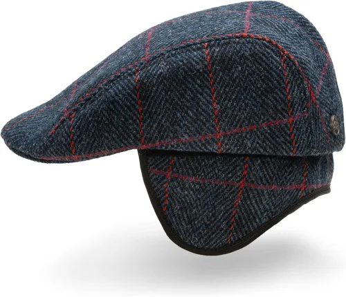 Vista 2 de Sterkowski Norte Harris Tweed Gorra plana para hombre y mujer Gorra tradicional cálida con orejeras plegables Azul Check
