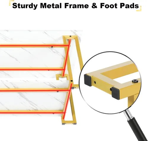 Vista 6 de Mesa de centro de mármol blanco con patas de metal dorado, mesa auxiliar rectangular de 2 niveles para sala de estar (patas de metal dorado)