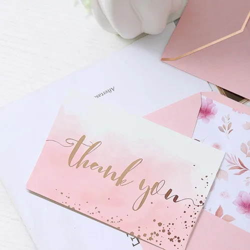 Vista 6 de Winoo Design Tarjetas de agradecimiento de color oro rosa y rosa resistentes con sobres, paquete de 36, tarjetas de agradecimiento de despedida
