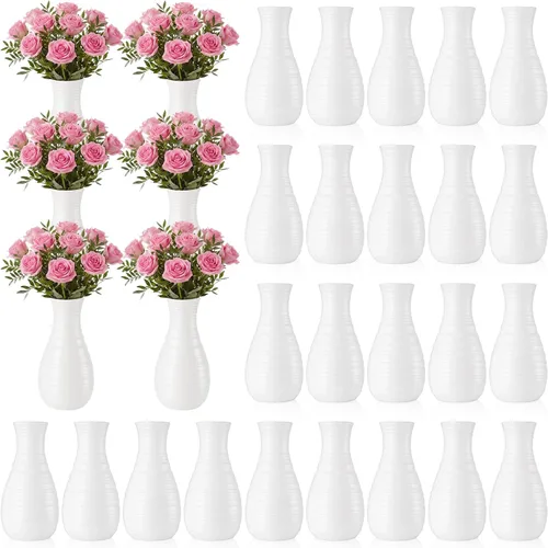 Vista 9 de Mimorou 24 jarrones de plástico compuesto, aspecto de cerámica, decorativo, blanco, irrompible, jarrones de plástico para centros de mesa de flores