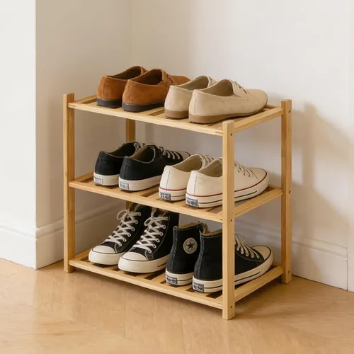 Vista 8 de Zapatero pequeño, organizador multiusos de 2 niveles, estantes pequeños de bambú para zapatos, plantas, libros, sala de estar, pasillo, dormitorio