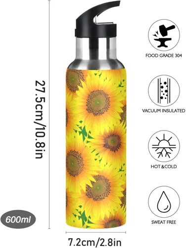 Vista 9 de BPA-Free Sports Water Bottle with Straw 32 Oz, Stainless Steel Water Bottle for Gym Outdoor Travel School, Vibrant Sunflowers Bright Yellow