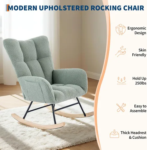 Vista 11 de Mecedora deslizadora tapizada con patas de madera para sala de estar, dormitorio, cuarto de bebé, incluye bolsillos laterales