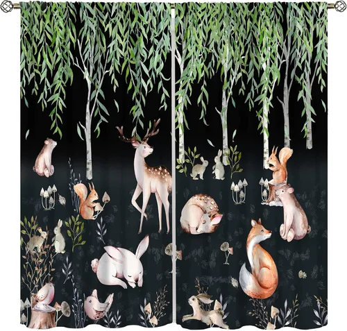 Vista 13 de Cortinas de animales del bosque, tratamientos de ventana para dormitorio del hogar, decoración de ventana de caricaturas, oso de acuarela, ardilla