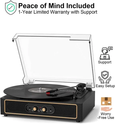 Vista 15 de Tocadiscos retro Bluetooth con altavoces integrados, tocadiscos de 3 velocidades por correa, control de graves y agudos, reproductor de vinilo Negro