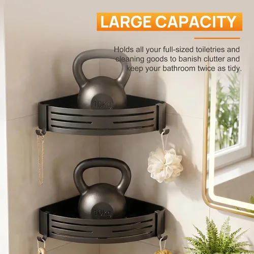 Vista 6 de Black Adhesive Corner Shower Caddy 2-Pack, Triangular Shelves No-drill black triangular shelves for smooth tile, glass and stainless steel shower