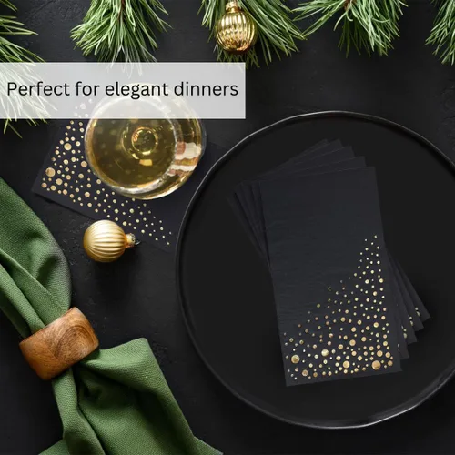 Vista 9 de The Essential Concierge Elegantes servilletas de cena negras, desechables de 7.5 x 4.25 pulgadas, servilletas de cena negras y doradas, 100 Dorado