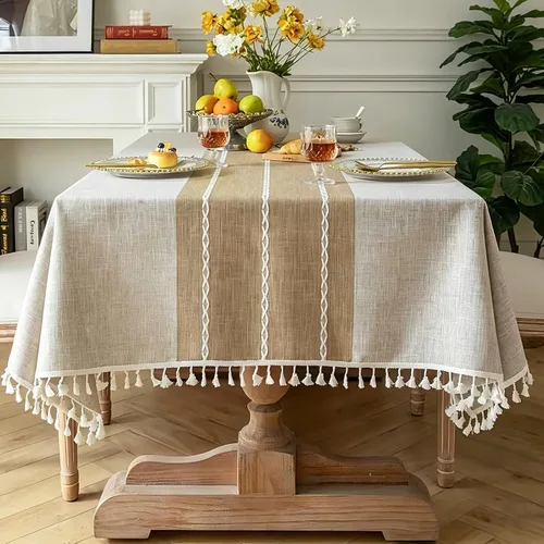 Vista 13 de Pahajim Mantel Rectangular a Rayas con Borlas Mantel Grueso de Lino y Algodón para Picnic al Aire Libre, Comedor y Decoración de Cocina para Fiestas