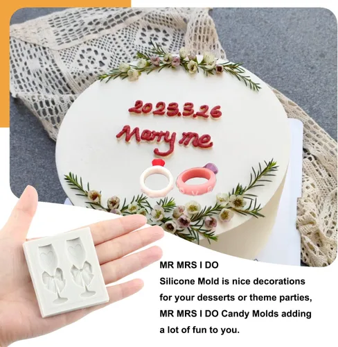 Vista 3 de Sijiangmold Molde de fondant de corazón MR MRS I DO, molde de silicona para decoración de tartas, molde de anillo de copa de vino de champán